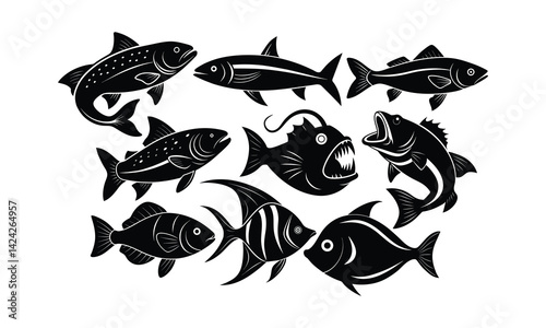 Fish Graphics Silhouette Collection, Detailed Fish Silhouette Vectors, Fish Silhouette Vector Superpack