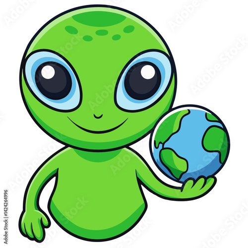 Cartoon alien holding earth illustration vector download for kids clip art and graphic design element