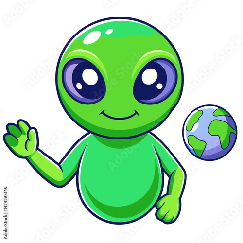 Cute cartoon alien waving hello with earth planet illustration for kids and space exploration art