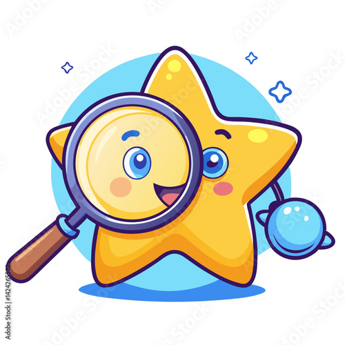 Cute cartoon star character holding magnifying glass for search and discovery vector illustration