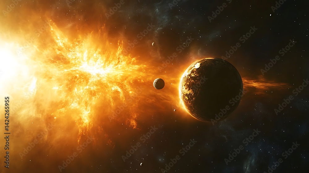 Obraz premium Cosmic Alignment with Earth and Fiery Planet, A stunning cosmic scene featuring Earth, a fiery planet, and a moon with a glowing sunrise