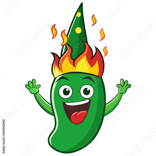 Cartoon hot chili pepper character with party hat and flames vector illustration design asset