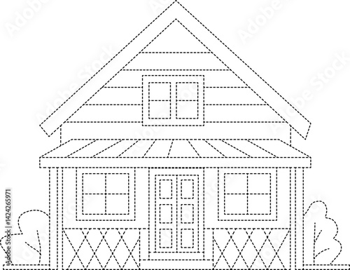 Vector house with dashed lines for kids tracing and coloring activity. Great for printable worksheets and learning.