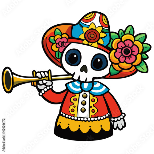 Day of the dead skeleton with trumpet and flowers vector illustration for dia de muertos art