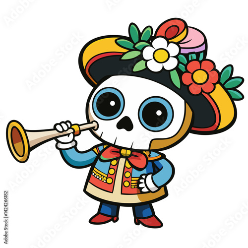 Dia de los muertos skeleton mariachi with trumpet vector art for day of the dead celebration