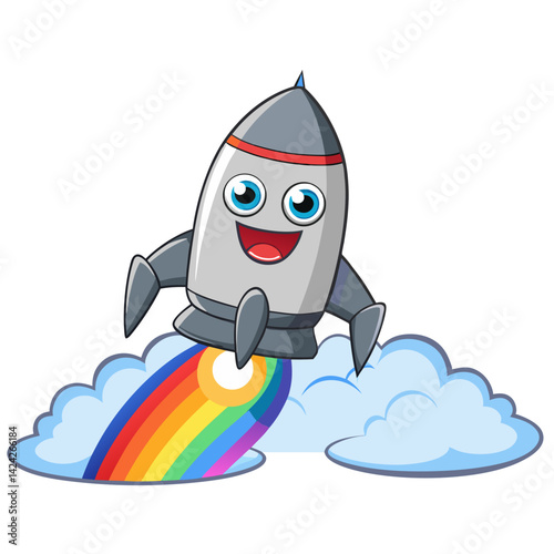 Cartoon rocket ship vector illustration flying through rainbow clouds for kids design project