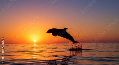 Silhouette of a dolphin jumping out of the sea against the backdrop of a bright sunset.
