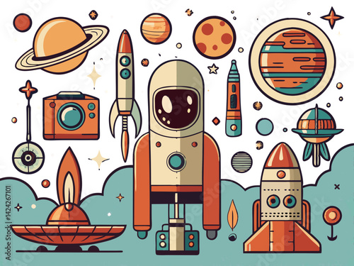 Retro space exploration vector illustration featuring astronaut rocket planets and ufo elements