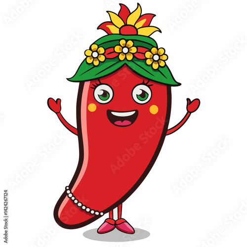 Cute cartoon red chili pepper character with flower crown vector illustration image design