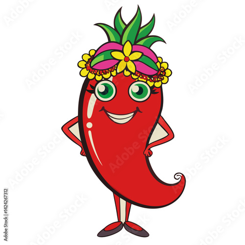 Cartoon red chili pepper character with flower crown vector illustration for design projects