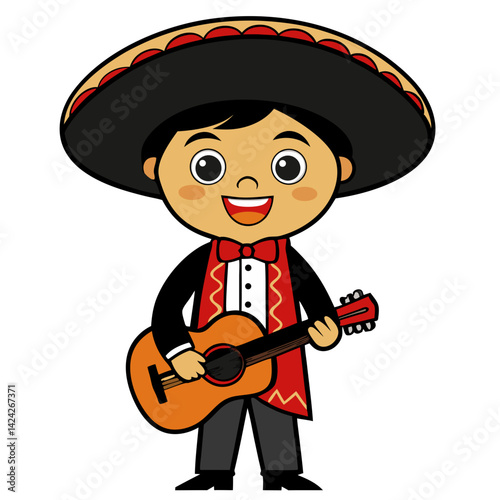 Cartoon mexican mariachi musician playing guitar with sombrero vector illustration design art