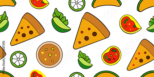 Seamless pattern of pizza slices, tacos, limes, and other foods for restaurant backgrounds and designs