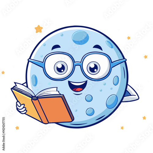 Illustration of moon reading book with glasses, cute cartoon character for kids education material