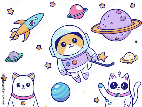 Cute cartoon cats in space illustration vector art design for kids and children's products
