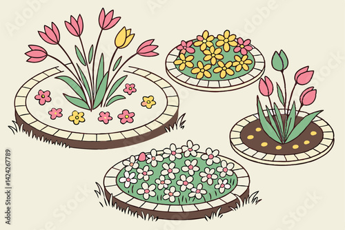 15 Colorful flower spheres, botanical orbs, diverse floral clusters, vibrant blossoms, circular flower arrangements, nature's bouquets, aerial view of flowering plants, round garden designs, multi-col