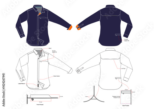 Modern Long Sleeve Women's Shirt Technical Design Vector with Zipper Pockets and Functional Details