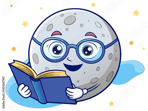 Cute cartoon moon reading book illustration vector design for kids education and space learning art