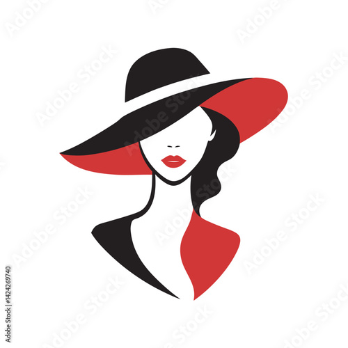 Chic woman silhouette with large hat and red lips