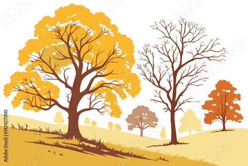 16 Autumn trees, golden foliage, watercolor style, vector illustration, seasonal landscape, yellow and orange leaves, deciduous trees, nature art, fall colors, bare branches, artistic tree silhouett

