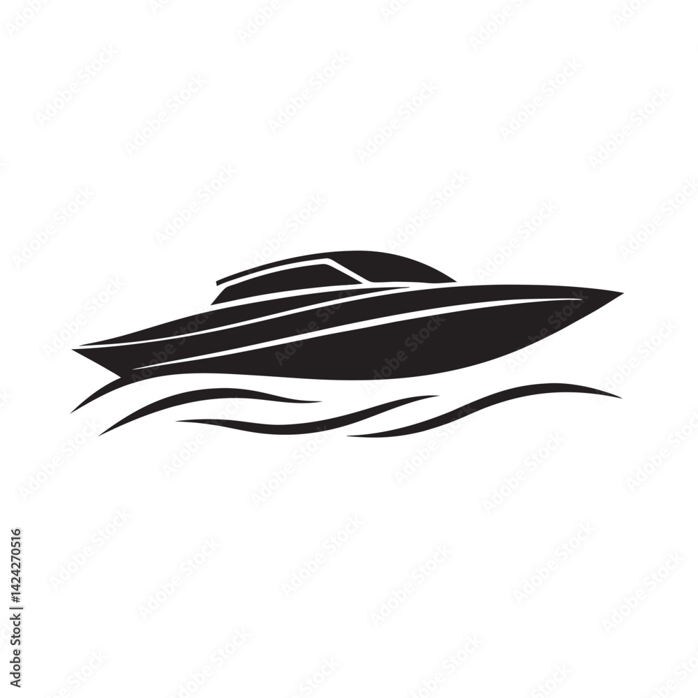 Sleek speed boat silhouette cutting through ocean Sleek speed boat silhouette cutting through ocean