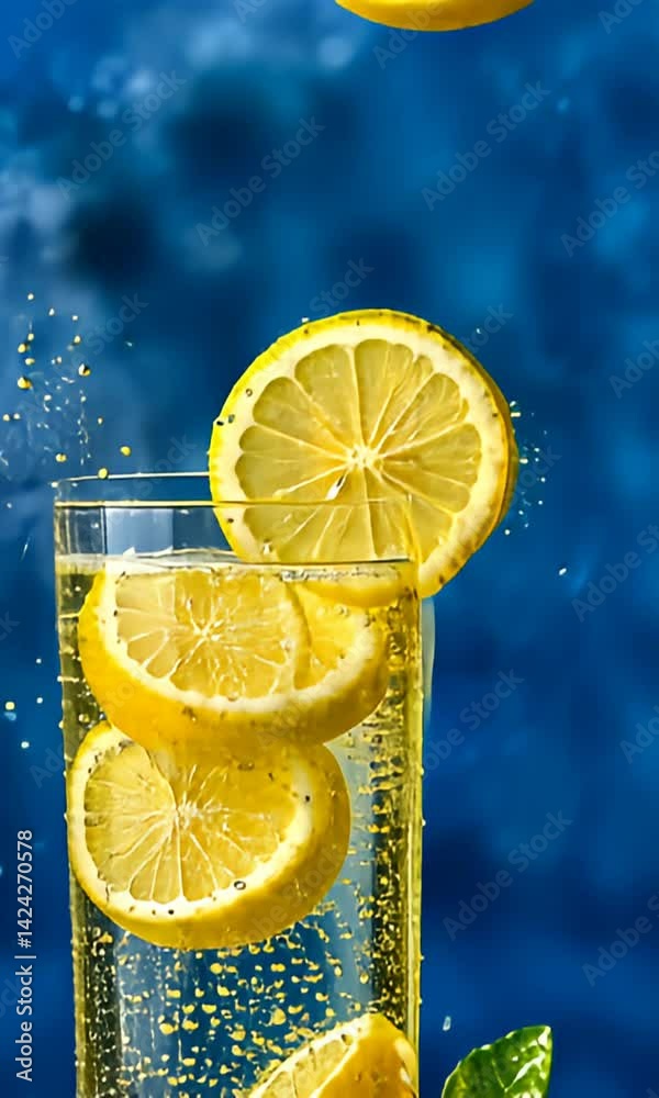 Sparkling water with fresh lemon slices on blue
