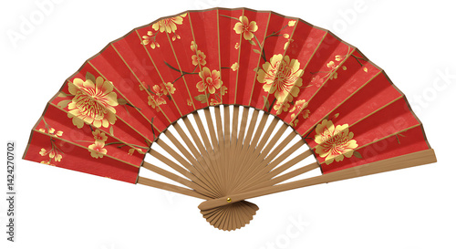Elegant red hand fan with intricate floral motifs, a testament to traditional design