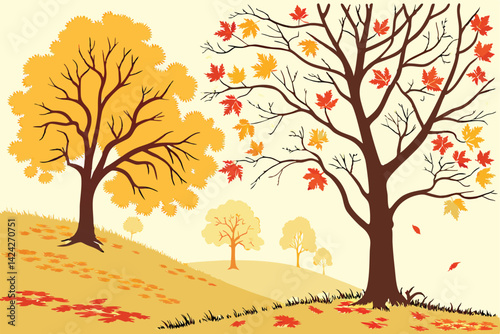 16 Autumn trees, golden foliage, watercolor style, vector illustration, seasonal landscape, yellow and orange leaves, deciduous trees, nature art, fall colors, bare branches, artistic tree silhouettes