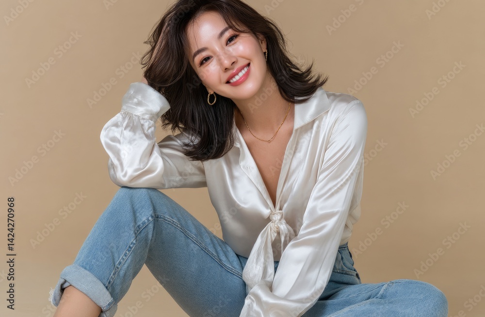 an Asian woman wearing a white satin blouse and jeans, in an elegant pose with one leg crossed over the other. an Asian woman wearing a white satin blouse and jeans, in an elegant pose with one leg crossed over the other.