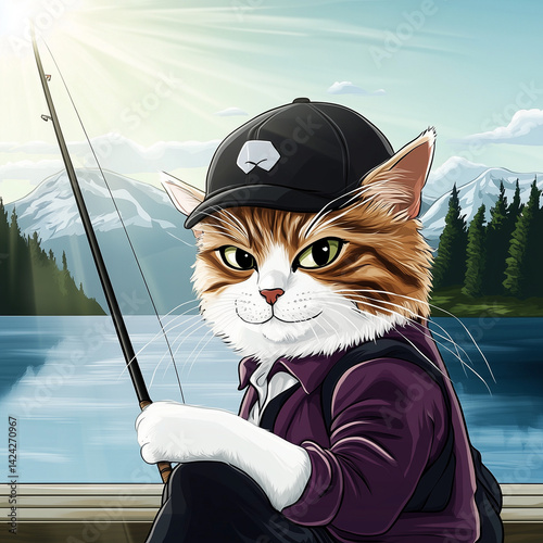 Cat in a cap fishing on lake with mountains in background
