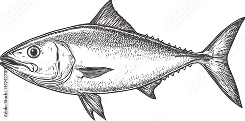 Isolated fresh fish, a healthy seafood animal with a visible fin and tail, rests on a white background, suggesting a natural catch ready for a meal or cooking