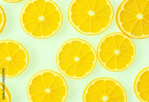Vibrant yellow lemon slices seamlessly repeating on bright background , zesty, pattern