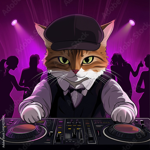 Cat in a cap DJing on turntables at nightclub with crowd
