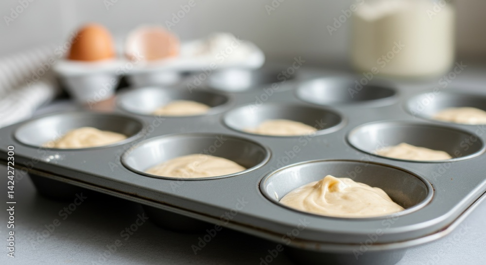 Baking muffins: batter in tin with ingredients in background Baking muffins: batter in tin with ingredients in background