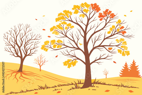 16 Autumn trees, golden foliage, watercolor style, vector illustration, seasonal landscape, yellow and orange leaves, deciduous trees, nature art, fall colors, bare branches, artistic tree silhouettes