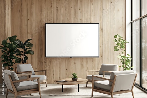 Modern waiting room with blank screen