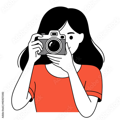 Woman taking photo with camera, minimalist vector illustration