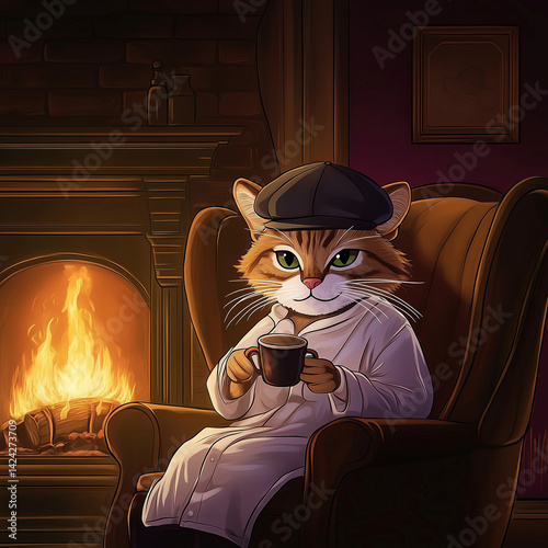 Relaxed cat in a cap enjoying hot drink by fireplace in robe
