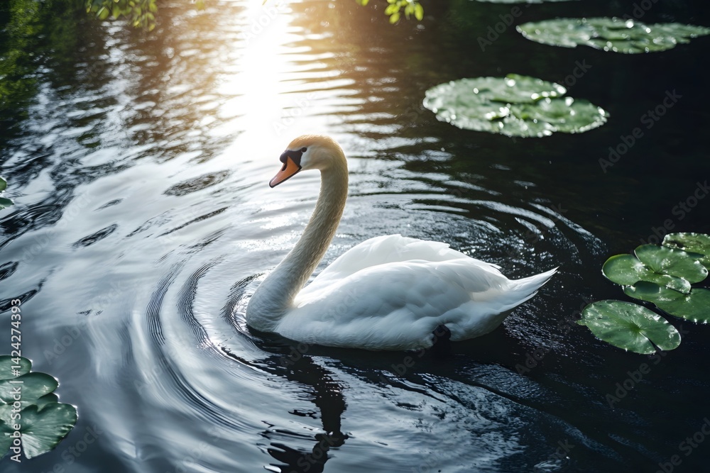 Fototapeta premium White swans gracefully swimming on the lake surface