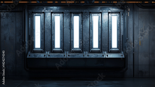 Futuristic sci fi interior wall with illuminated panels, metallic surfaces, and industrial lighting in a spaceship corridor. photo