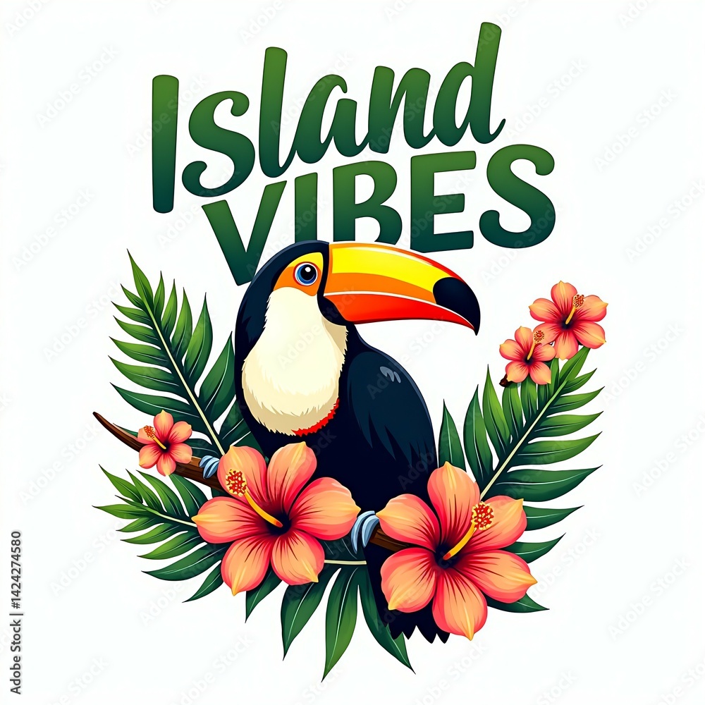 Naklejka premium toucan on a branch ISLAND VIBES t-shirt design