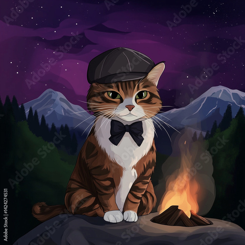Dapper cat in a cap sitting by campfire under starlit sky
