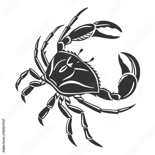 Black vector illustrations depict a crab and a scorpion, arachnid and sea animals with claws, in a silhouette art design