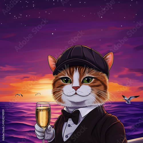 Elegant cat in a cap toasting with champagne at sunset on ocean

