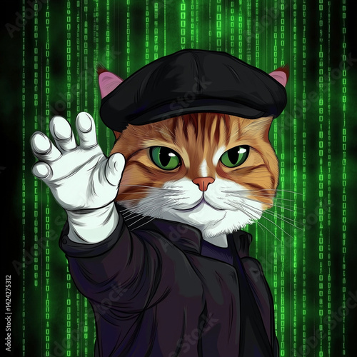 Cool cat in a cap stopping with hand in front of digital matrix
