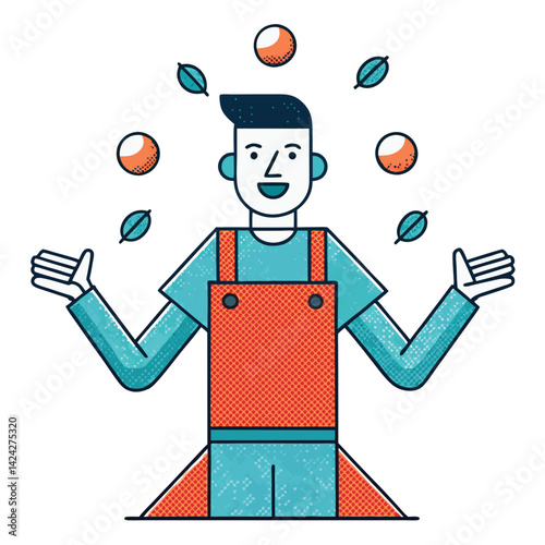 Colorful Cartoon Juggler Balancing Balls and Leaves
