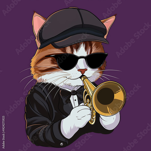 Cool jazz cat in a cap playing trumpet in black tuxedo on purple
