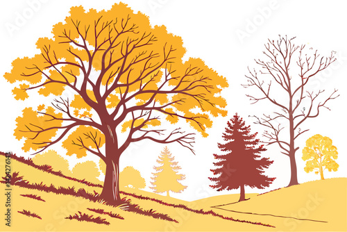 16 Autumn trees, golden foliage, watercolor style, vector illustration, seasonal landscape, yellow and orange leaves, deciduous trees, nature art, fall colors, bare branches, artistic tree silhouettes