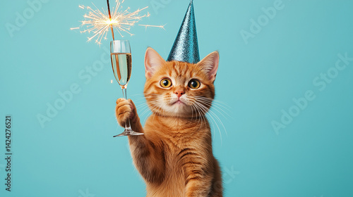 Happy New Year Card – Cute Cat with Sparkler and Champagne on Turquoise Background