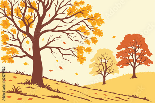 16 Autumn trees, golden foliage, watercolor style, vector illustration, seasonal landscape, yellow and orange leaves, deciduous trees, nature art, fall colors, bare branches, artistic tree silhouettes