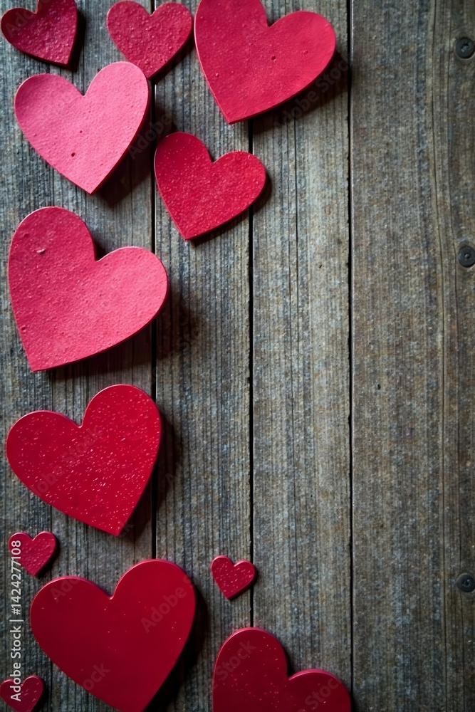 Fototapeta premium Wooden background with heart-shaped valentines in various sizes and colors, hearts, decoration, love